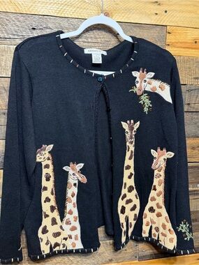 Vintage ARRIVISTE Large Safari Giraffe Cardigan Sweater Beads Sequins Black Tan